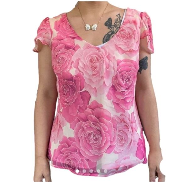 VINTAGE Y2K Sheer Blouse Rose Print Digital Size Medium - Picture 1 of 5